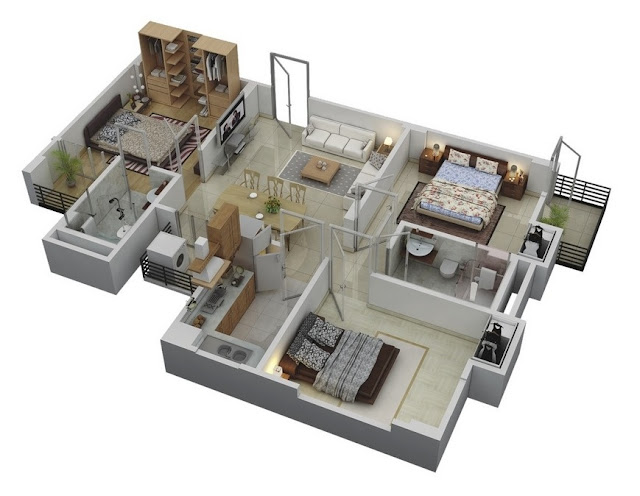Denah Rumah Minimalis 3 kamar tidur 3D