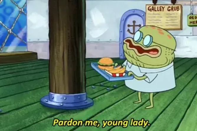 Pardon me, young lady! - Funny SpongeBob memes pictures, photos, images, pics, captions, jokes, quotes, wishes, quotes, sms, status, messages, wallpapers.