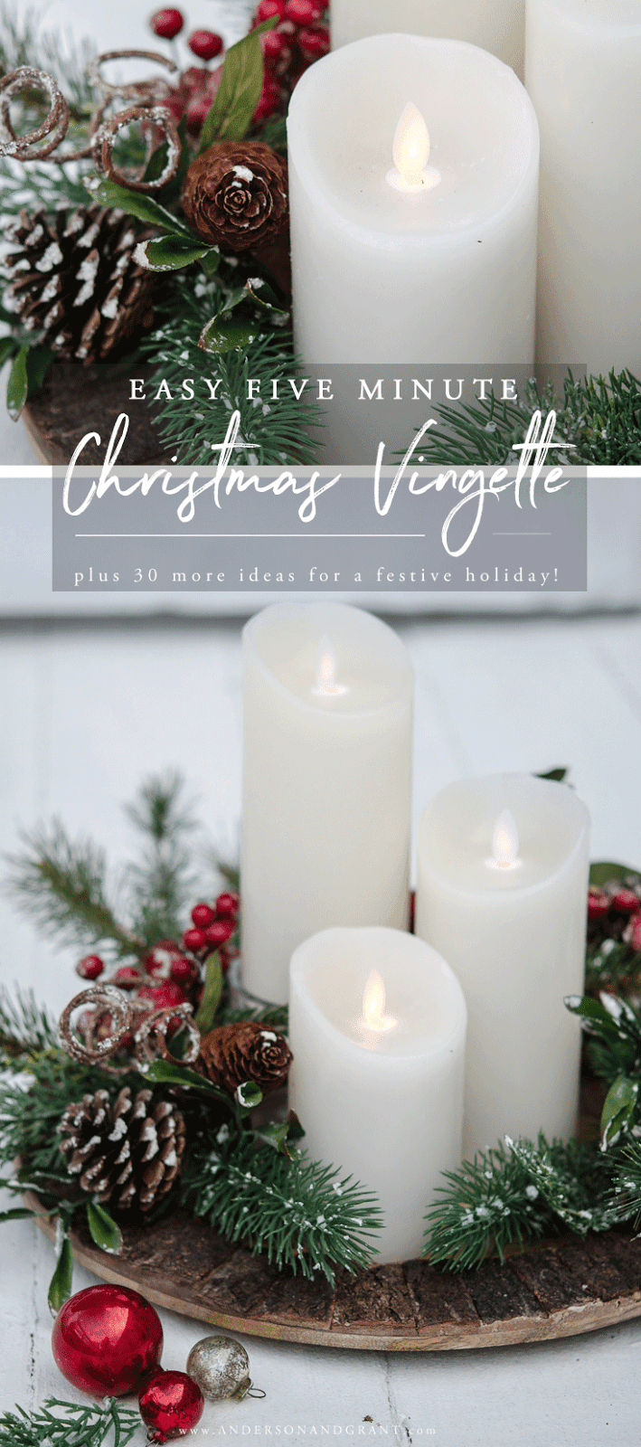 Create a beautiful Christmas vignette in less than 5 minutes with a charger plate, candles, and garland.  |  www.andersonandgrant.com