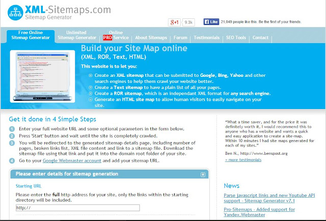 Main page of xml-sitemap.com website