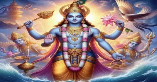 Lord Vishnu is standing pale in the ocean and giving blessings.