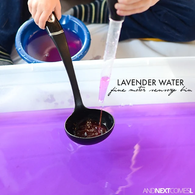 Lavender water sensory bin for kids