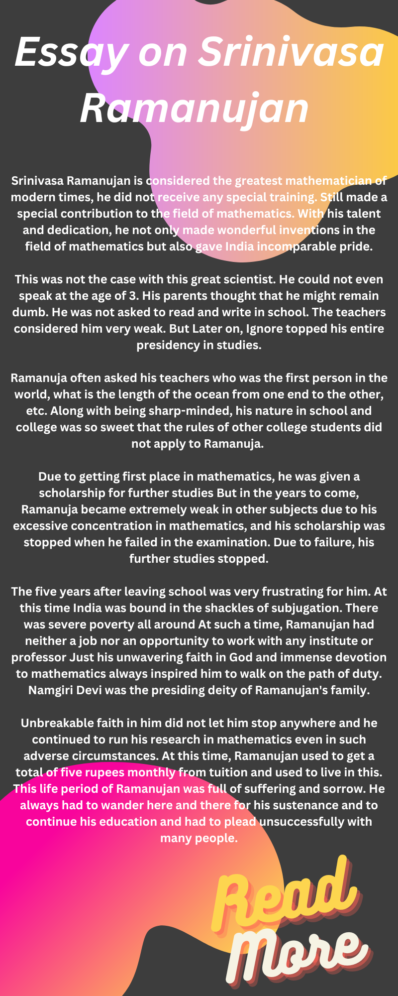 Srinivasa Ramanujan essay in 100 words