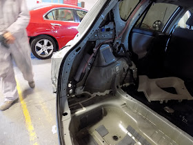 Close-up of interior disassembly and repairs on 2015 RAV4 at Almost Everything Auto Body.
