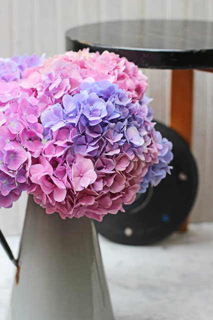 Pink and Purple Hydrangea in Vintage Grey Enamelled Jug