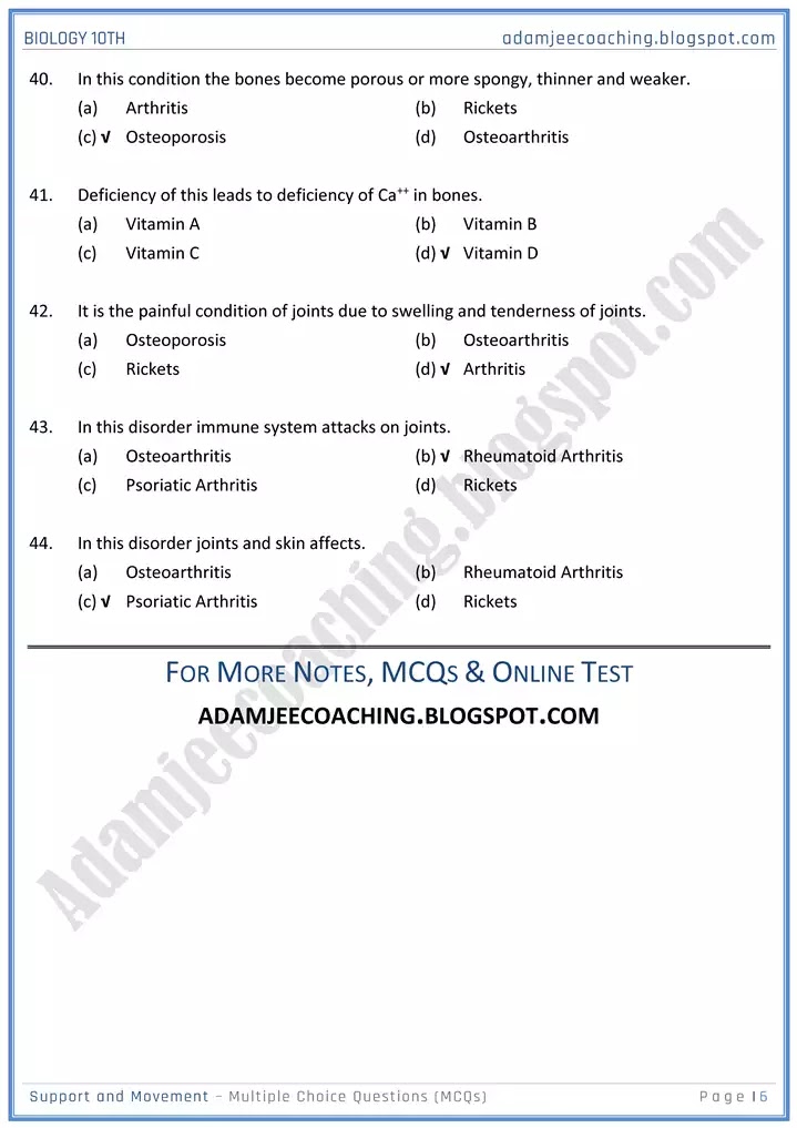 support-and-movement-mcqs-biology-10th