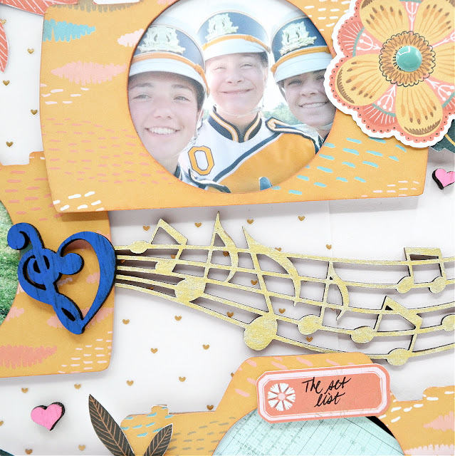 Wood Veneer and chipboard music notes on a marching band scrapbook layout.