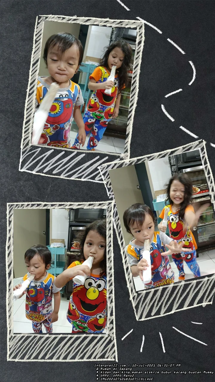 Photo collage of Aidan and Aina eating Malaysian ice cream flavored with durian bean porridge made by Mummy yesterday. # Saturday, 10 July 2021, 18:31 # 20210710 # IMG20210710183107-COLLAGE.jpg # OPPO Reno 2 #