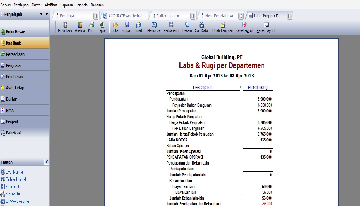 PROGRAM AKUNTANSI ACCURATE: CARA MENAMPILKAN LAPORAN LABA 