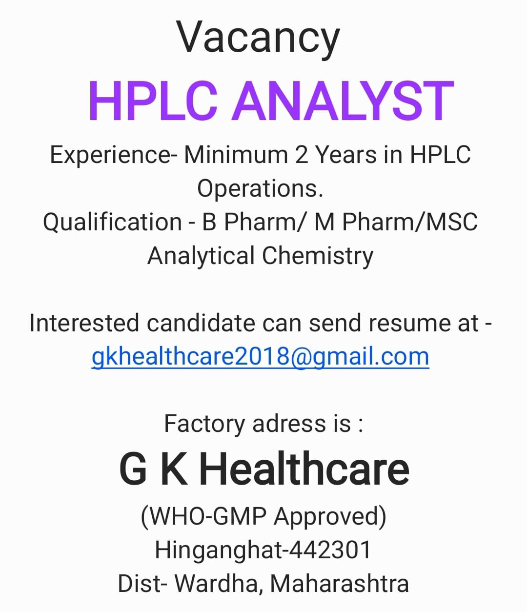 Job Availables,G K Healthcare Job Vacancy For B.Pharm/ M.Pharm/ MSc Analytical Chemistry