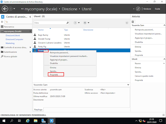 Centro di amministrazione di Active Directory, Proprietà account utente