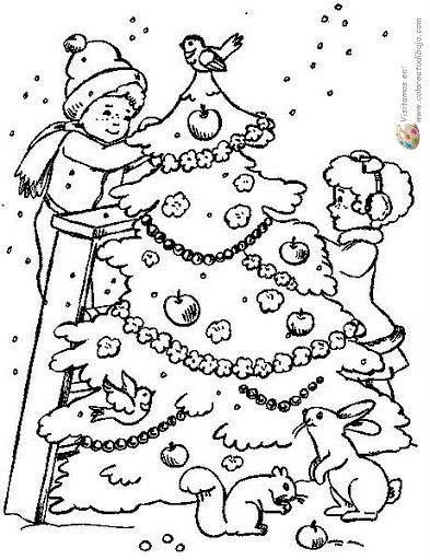 Niños decorando Árbol de navidad para colorear y pintar