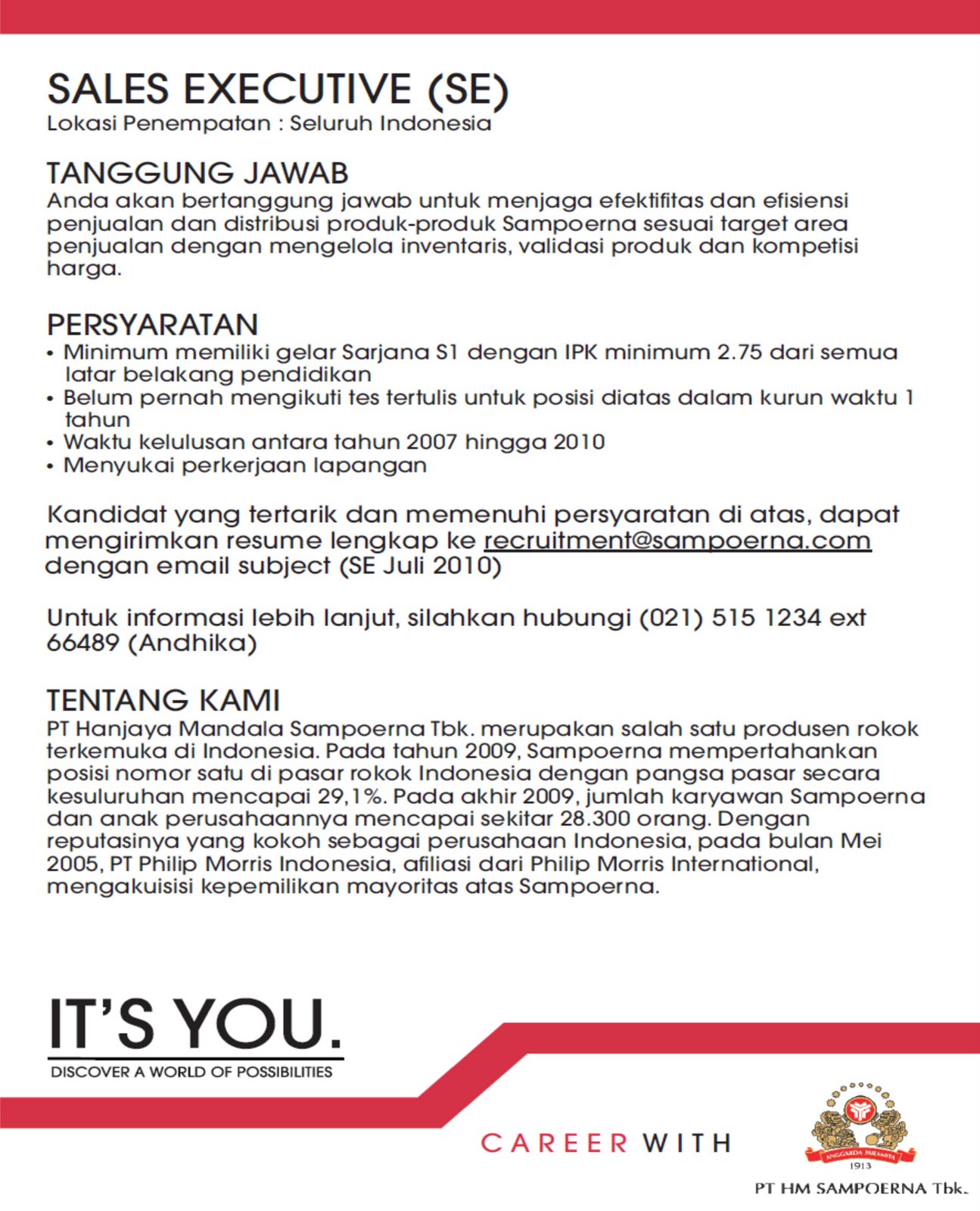 Lowongan Sales Executive PT HM Sampoerna Tbk Exp 26 