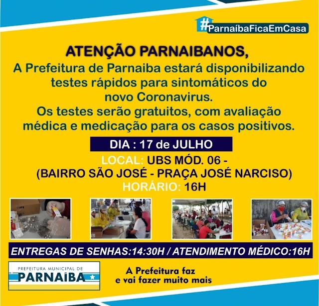 Prefeitura de Parnaíba disponibilizará testes rápidos para sintomáticos do novo coronavírus, nesta sexta-feira