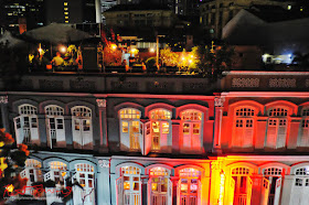 Colonial buildings lit up in coloured lights at night, Ann Siang Hill, Singapore. Photo by Kent Johnson for Street Fashion Sydney.