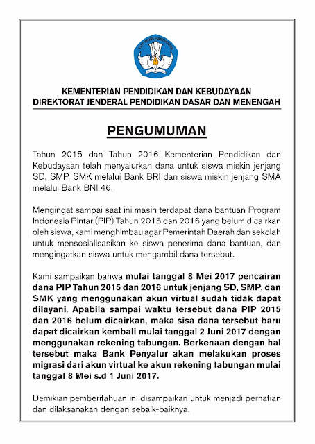 Pengumuman Pemberitahuan Pencairan Dana Program Indonesia Pintar Tahu 2015-2016 dengan Menggunakan Akun Virtual