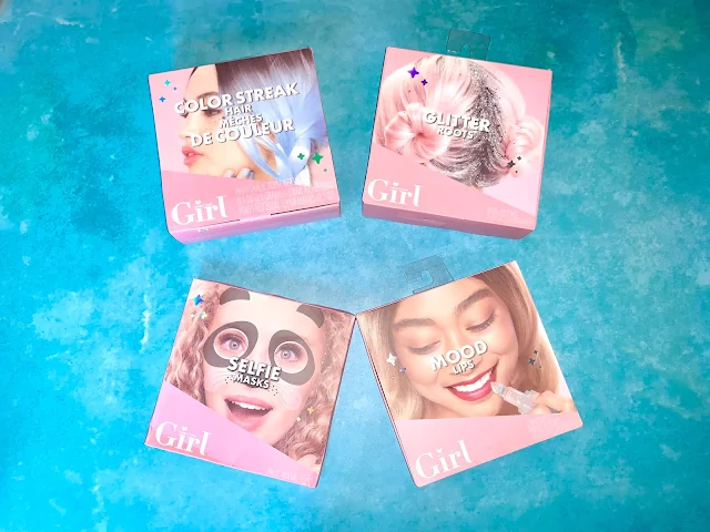 The packaging of Colour Streak Hair, Glitter Roots, Selfie Masks and mood Lips