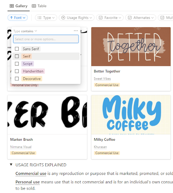 Using type category filters on the free font organizer notion template by inmidnights.