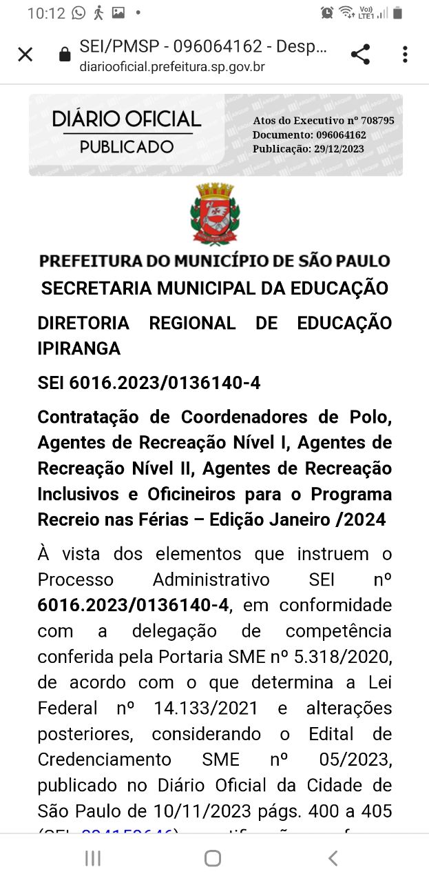 DRE  IPIRANGA: contratação para programa recreio nas férias