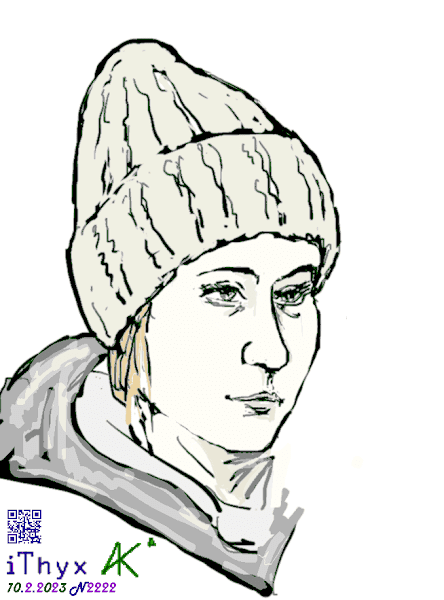 Светловолосая девушка, в светлого цвета шапке, из толстой пряжи с петлями и серой куртке с  белым шарфиком. Автор рисунка: художник Андрей Бондаренко #iThyx