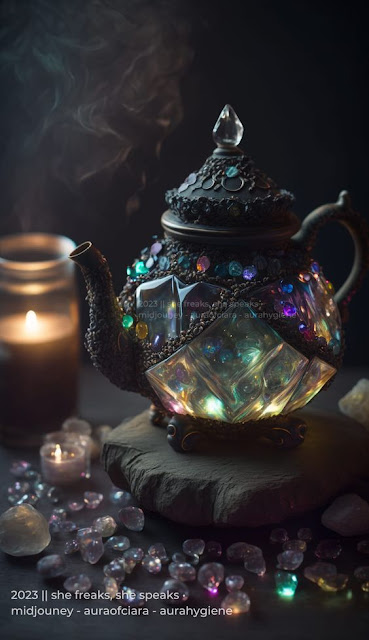 A glass-bodied teapot, with multicoloured gemstones adorning the top half, set into filigree metalwork, and a decorative metal spout and handle with a decorated lid, toped with a clear crystal. The teapot is sitting on a stone, on a table, and crystals are scattered around it, all catching the light in rainbow colours. Created by She Speaks, She Freaks on Facebook.