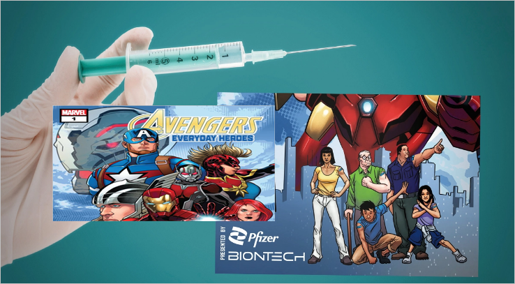 Desespero com baixa vacinação e lucro: Pfizer publica quadrinhos de propaganda com a Marvel