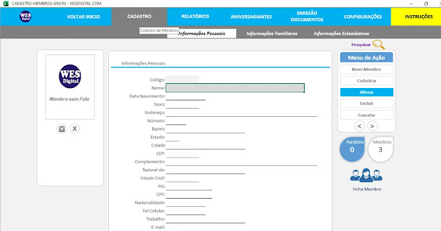 Cadastro de Membros de Igreja Planilha em Excel