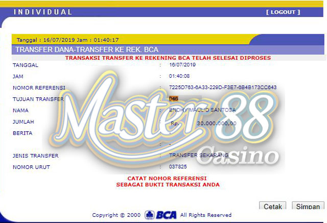   Bukti Transfer MasterCasino88 Rp 30.000.000