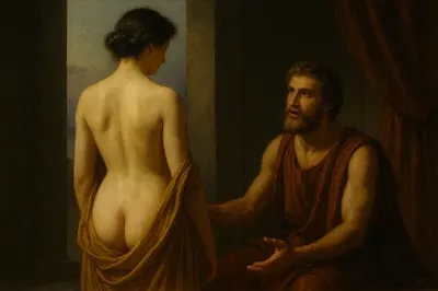 Hypsipyle dévoile sa nudité à Jason Hypsipyle dévoile son corps à Jason dans une chambre grecque, scène d’amour mythologique.