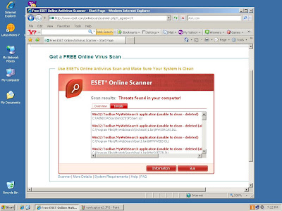 ESET Online Virus Scanner giving the details of what it found.