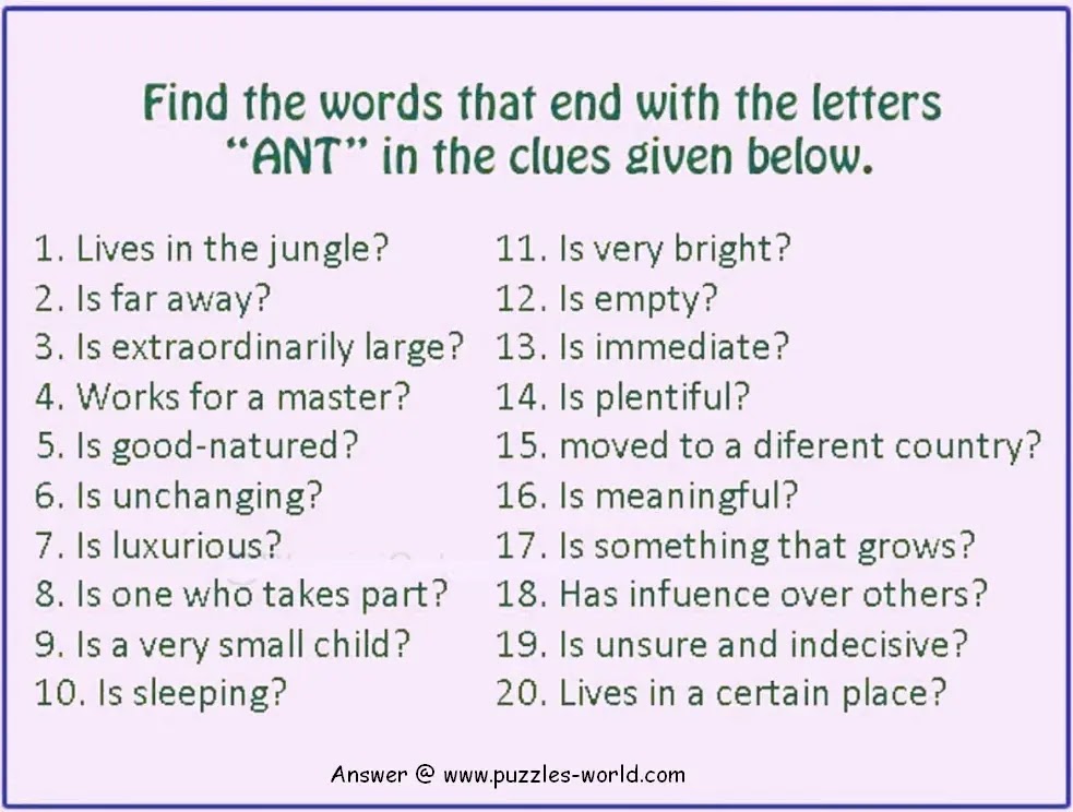 Find the words that end with the letters "ANT"