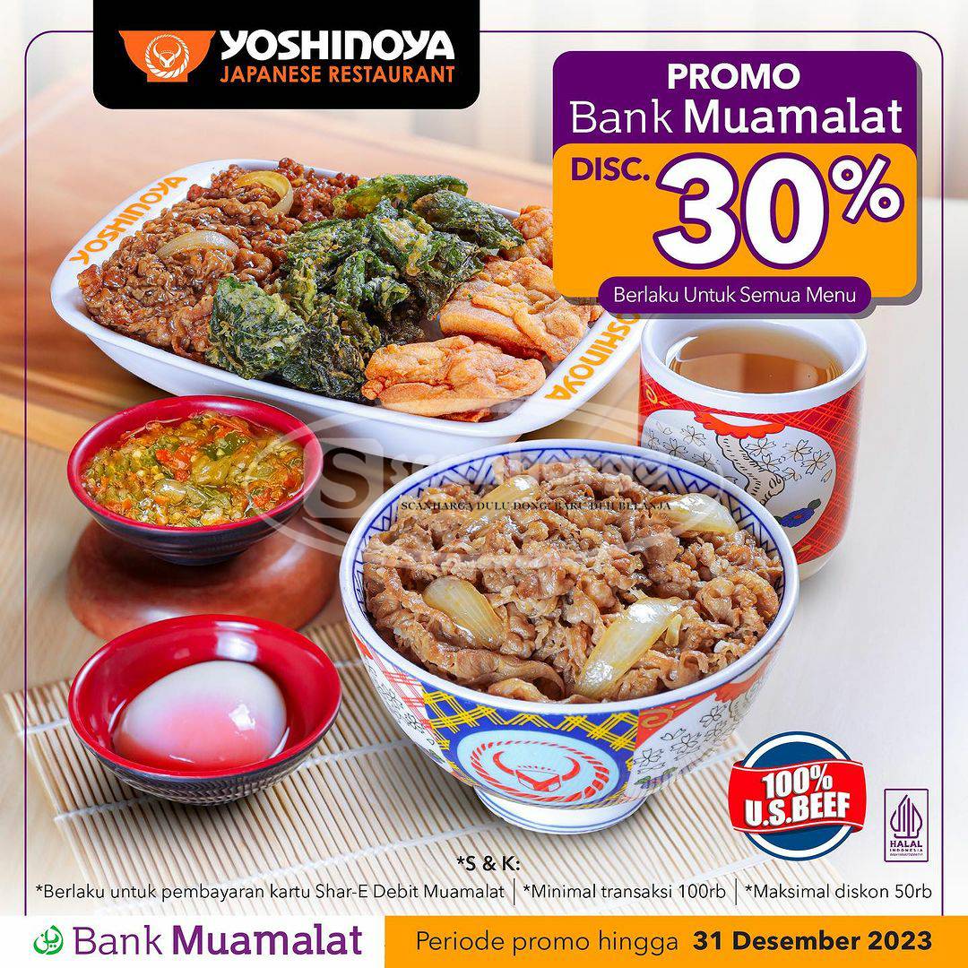 YOSHINOYA PROMO BANK MUAMALAT DISKON 30% UNTUK SEMUA MENU