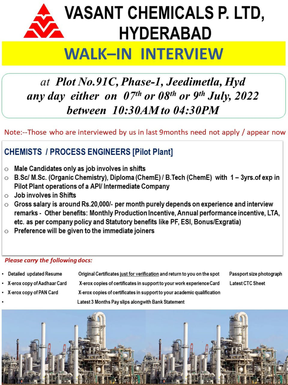 Job Available's for Vasant Chemicals Pvt Ltd Walk-In Interview for BSc/ MSc Organic Chemistry/ Diploma/ B Tech/ Chemical Engineer