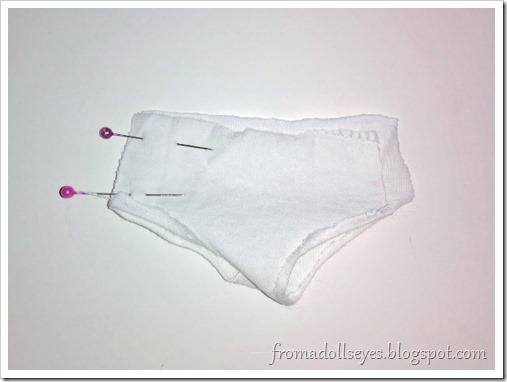 Making underwear for ball jointed dolls.  Pin and sew the side seam on one side only.