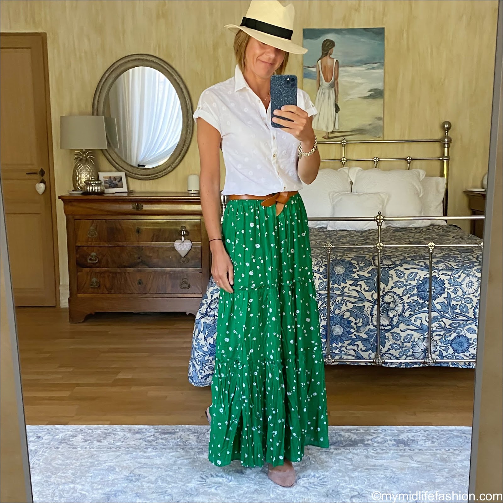 my midlife fashion, h and m Panama hat, white stuff emi spot shirt, Isabel Marant lecce belt, whistles primula floral print skirt, h and m cutout nude flats