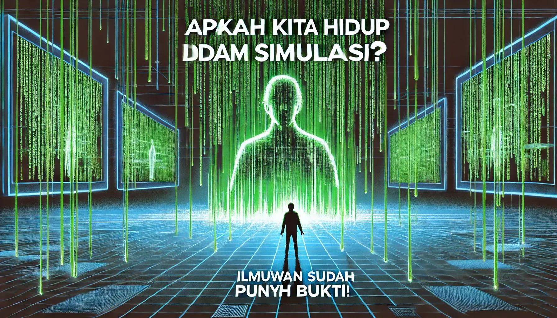 “Seorang manusia berdiri di depan layar raksasa dengan kode-kode hijau berjatuhan, menciptakan efek dunia simulasi yang glitch.”