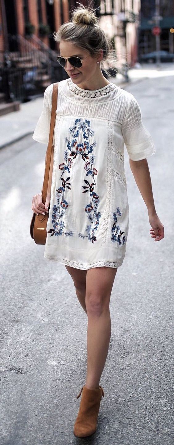 fashion trends / embroidered dress + brown boots + bag