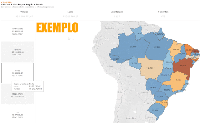 Dashboard  | Exemplo - Tableau: Gráfico Mapa - Vendas e Lucro - Por Região e Estado