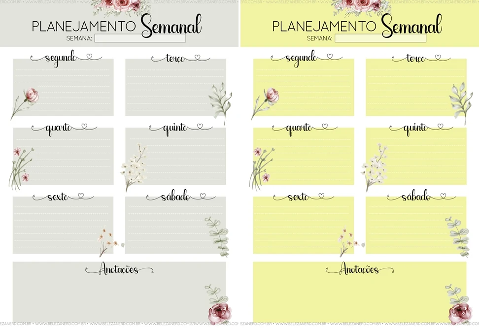 Baixe gratis planner semanal 8 opções de cores