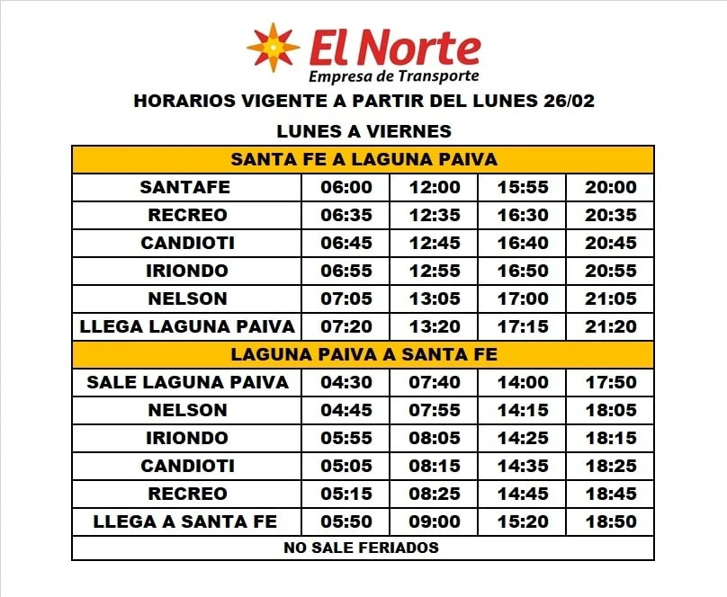 Horarios Colectivos El Norte Laguna Paiva Santa Fe