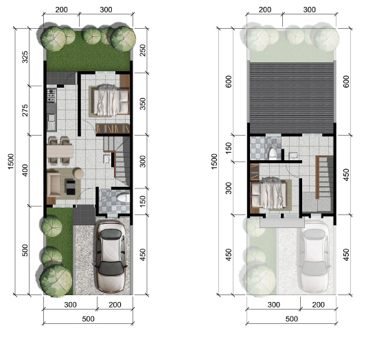 Denah rumah minimalis ukuran 5x15 meter 2 kamar tidur 2 lantai