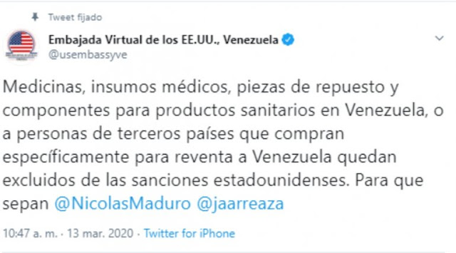 MUNDO: EEUU desmiente a Venezuela por coronavirus: "medicinas quedan excluidas de sanciones".