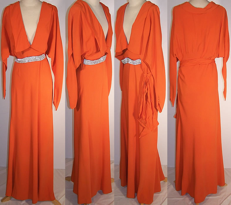 1930s orange crepe floor length evening gown