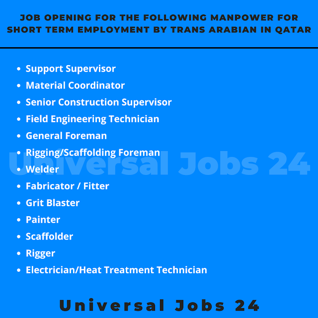 Job Opening for the following Manpower for Short Term Employment by Trans Arabian in Qatar