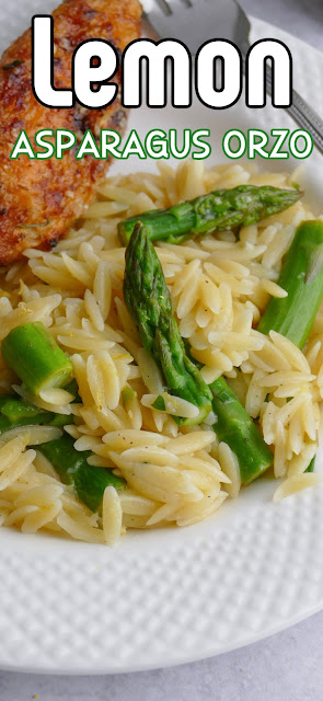 Lemon and Asparagus Orzo on a white plate with a recipe title text overlay.