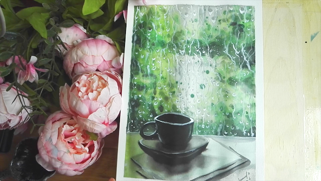 How to draw watercolor coffee and rain outside the window step by step tutorial easy.