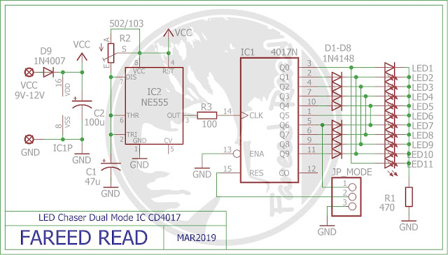 skema LED Chaser Bolak-balik Menggunakan IC CD4017 dan IC NE555 