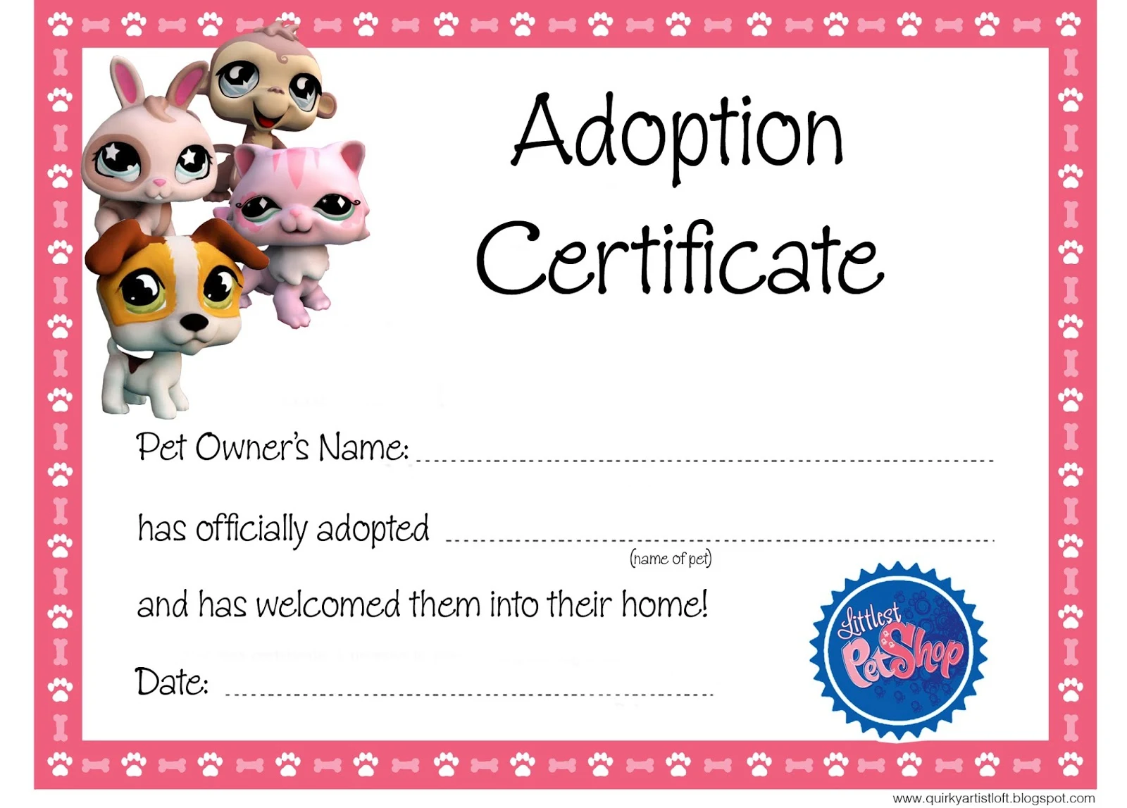 Quirky Artist Loft Littlest Pet Shop Party Free Adoption Certificate