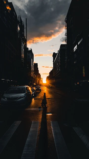 Sunset, Road, Street, Light, Cars, Buildings