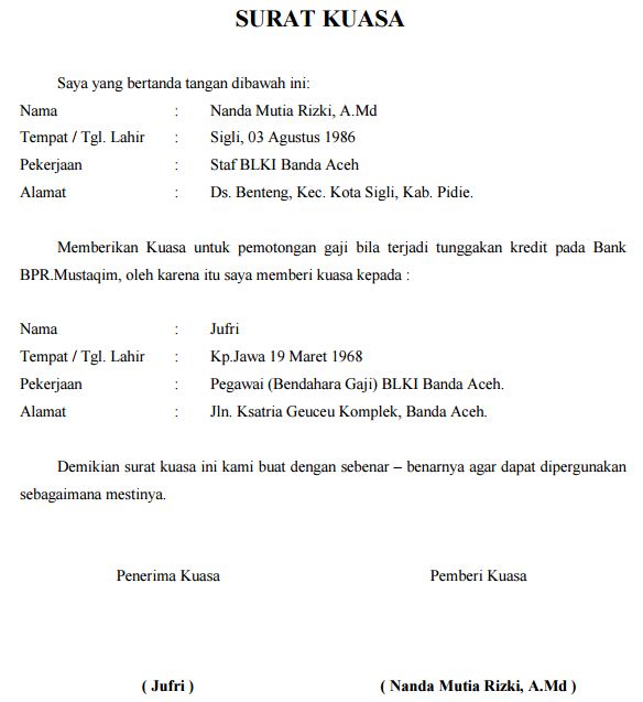 Contoh Surat Kuasa Ke Bank